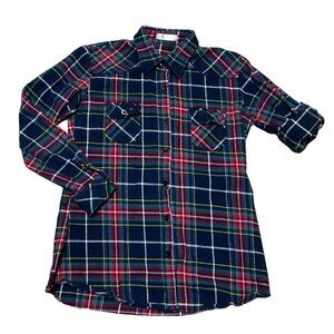 Y2K BENIBOS MATCHSTICK FLANNEL SHIRT SZ S BLUE ROLL TAB SLEEVE AND HEM WOMENS